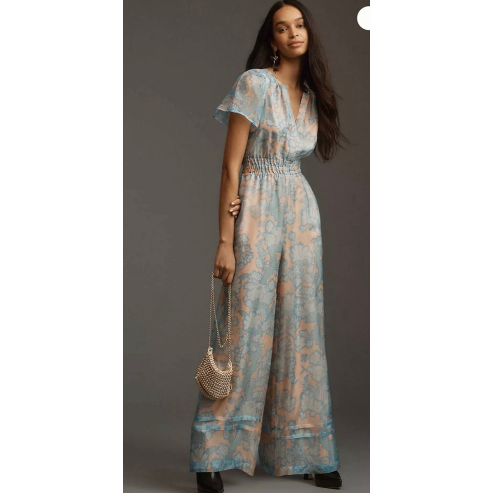 Printed Flutter-Sleeve Jumpsuit in Blue and Peach